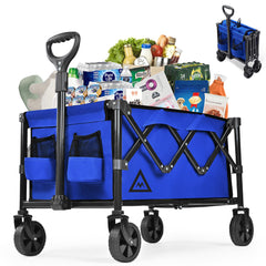 Muarch wagon front view showing blue cargo area and sturdy frame for dependable hauling