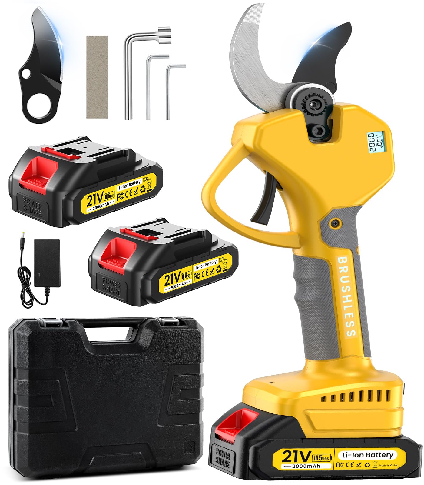 MuatCtarom front view cordless pruner showing ergonomic grip and benefits