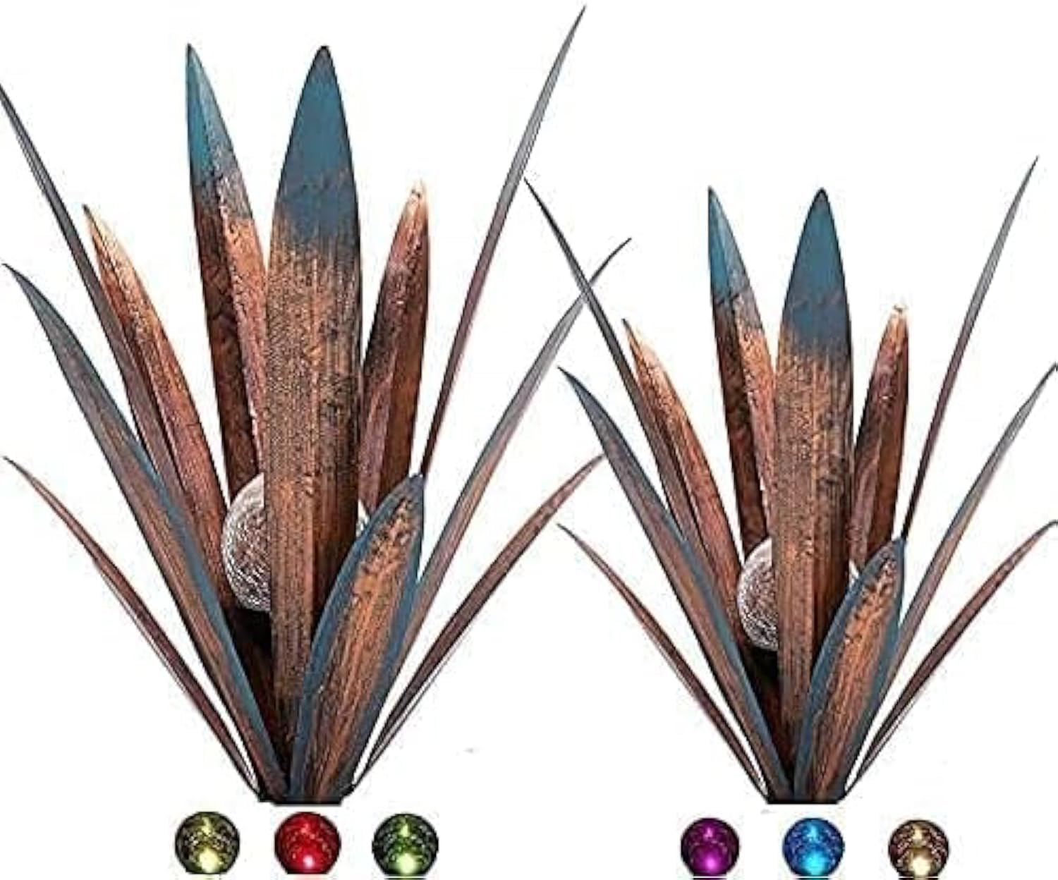 Muciwa front view of two metal agave sculptures adding rustic style
