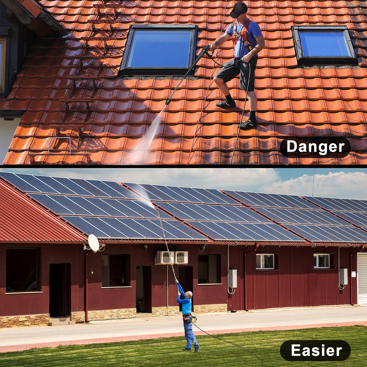 Mudder in use cleaning gutters from ground to reduce ladder need