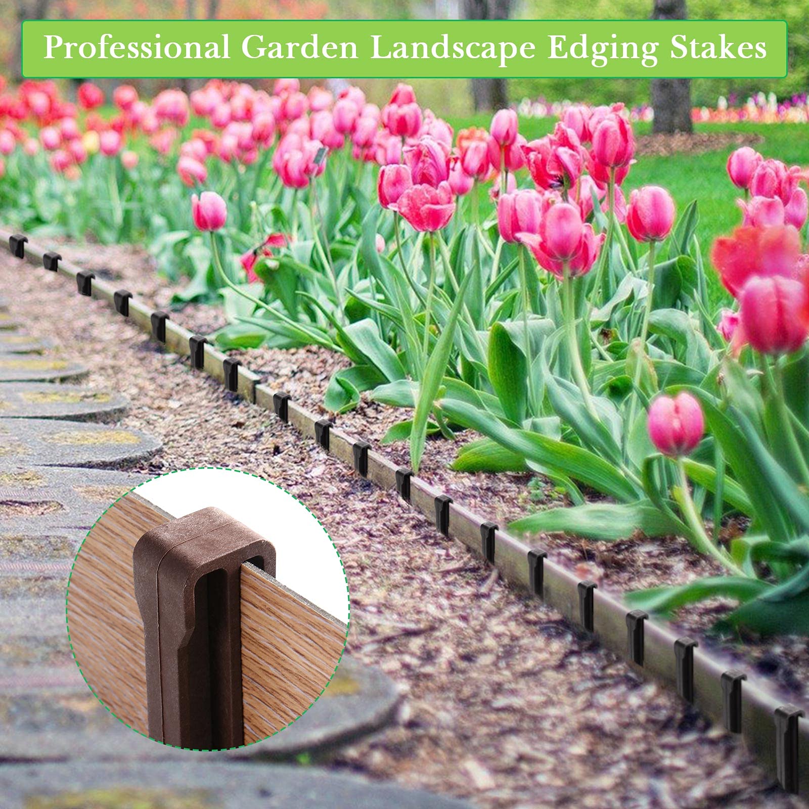 Mudder stakes driven into soil securing garden edging for tidy borders