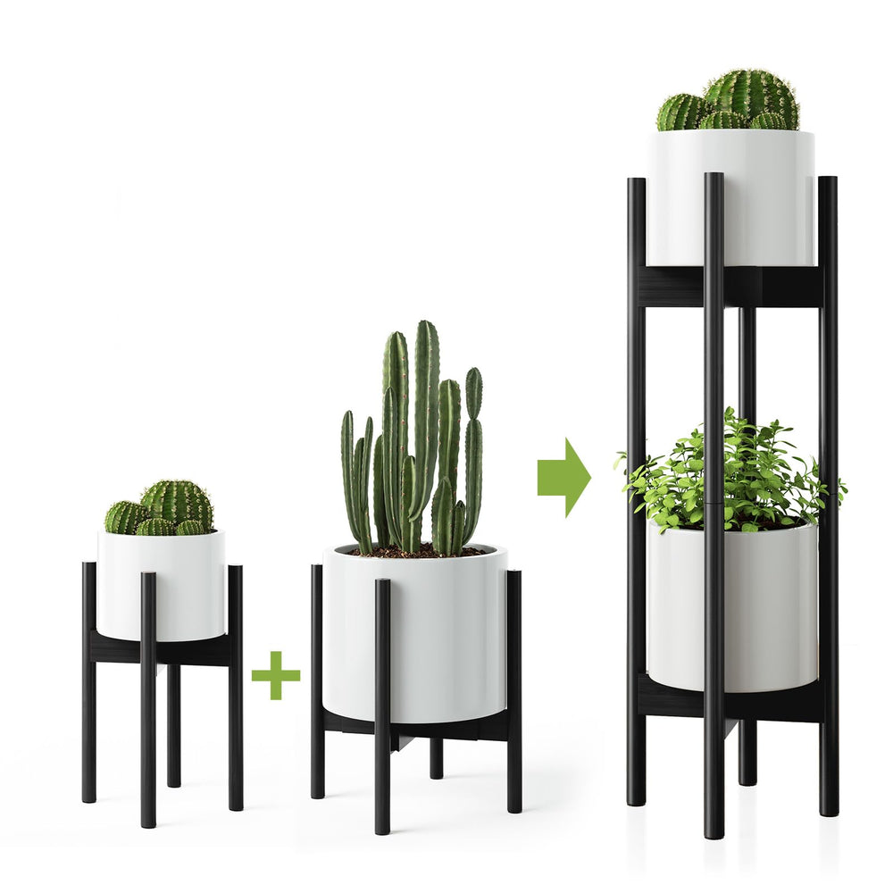 MUDEELA front view of the two bamboo plant stands showing clean mid-century design and warmth
