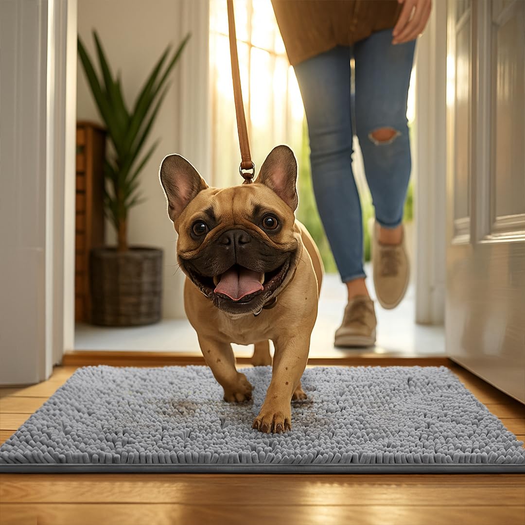 MUDGUARD MAT beside door to show scale and large coverage for entryways