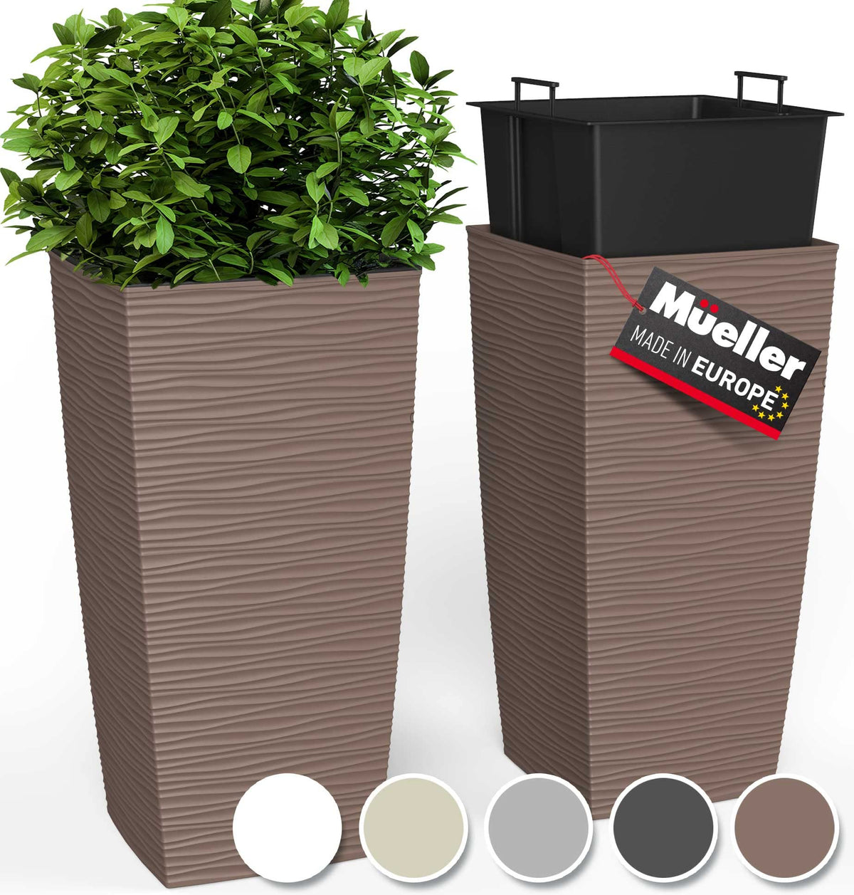 Mueller front view mocha planter set showing modern shape and curb appeal
