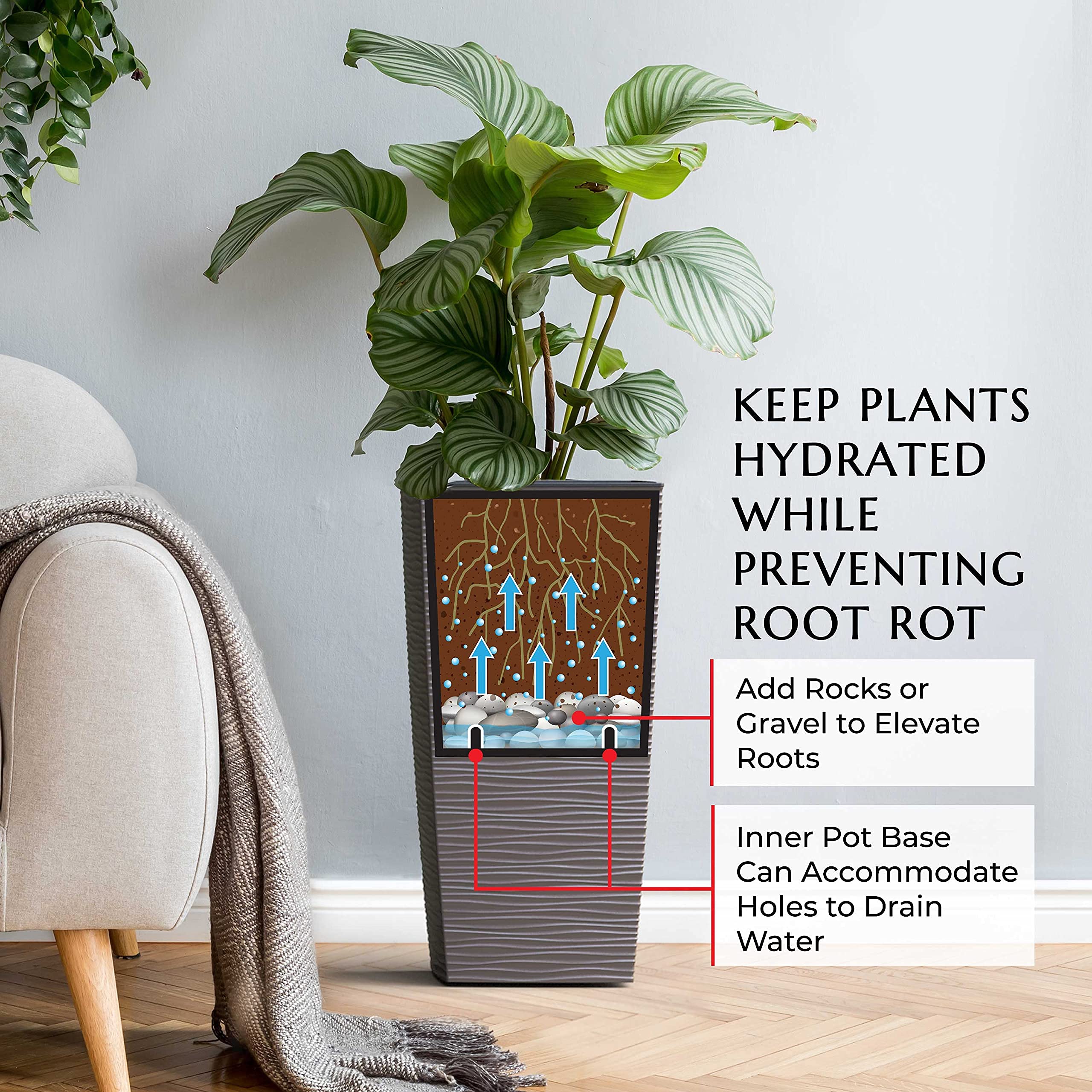 Mueller next to chair to show scale, helping visualize 18-inch planter size