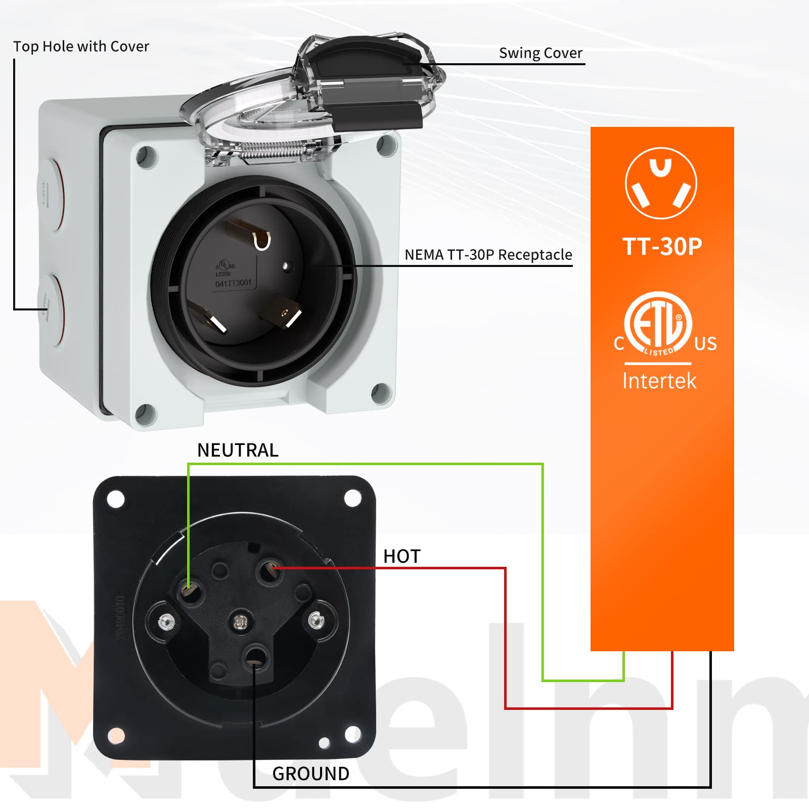 Muelnmey in use with RV shore connection providing safe outdoor power