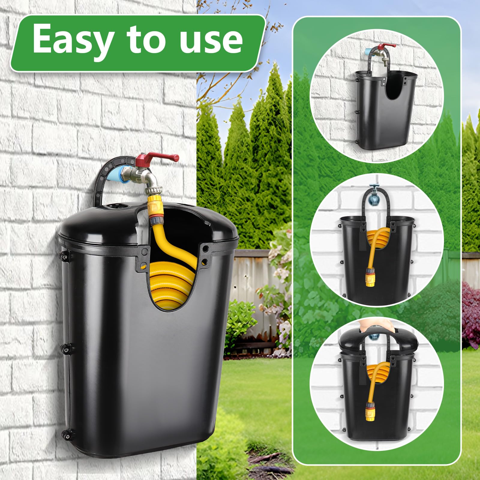 MUIEGUDO hose box hanging over an outdoor faucet for convenient access