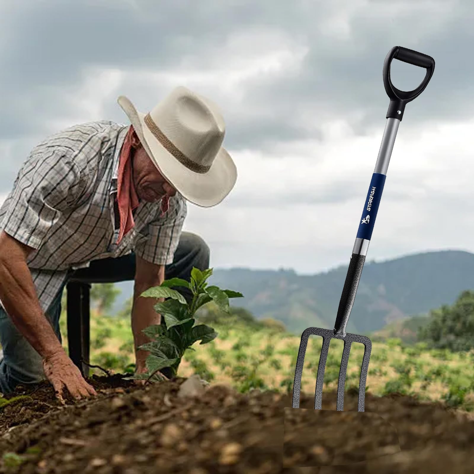 Mujocooker in-use with gardener digging compacted soil to break up clods faster