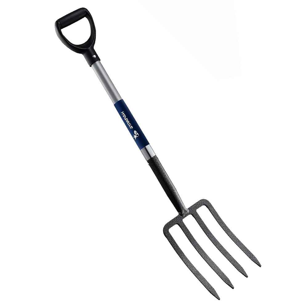 Mujocooker front view of 4-tine digging fork showing full length and profile, durable design