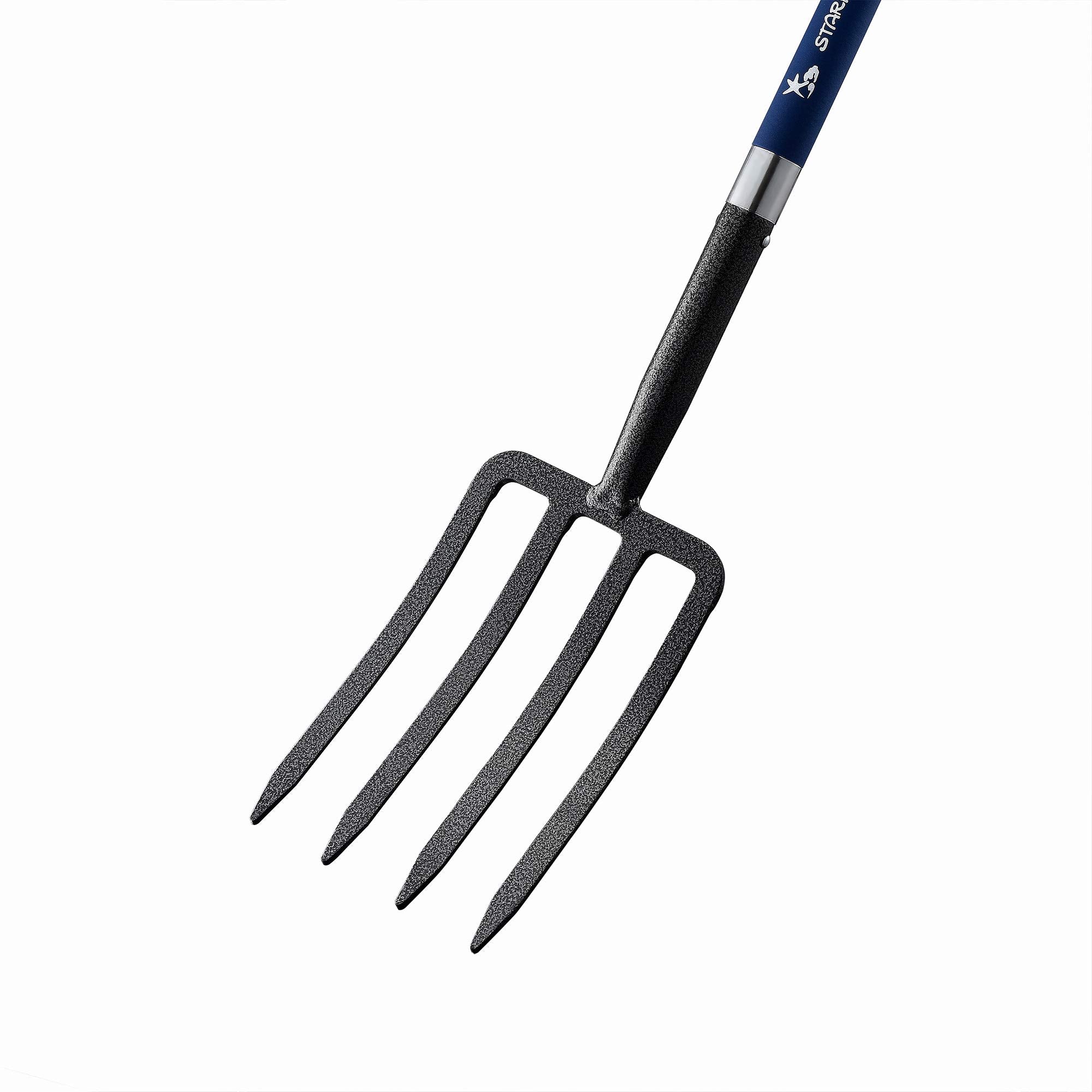 Mujocooker fork penetrating clay soil showing sharp tines and efficient cutting
