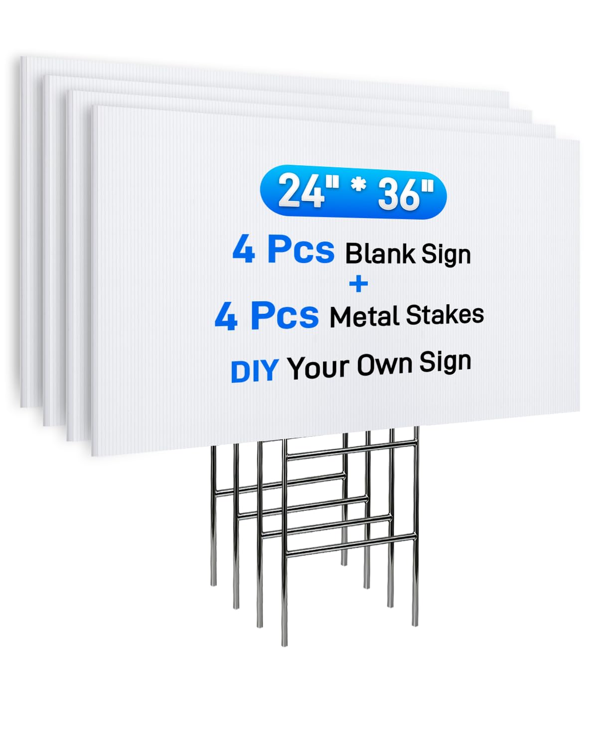 Mulctun front view of 24x36 sign pack showing clean printable surface and included stakes, visible durability benefit