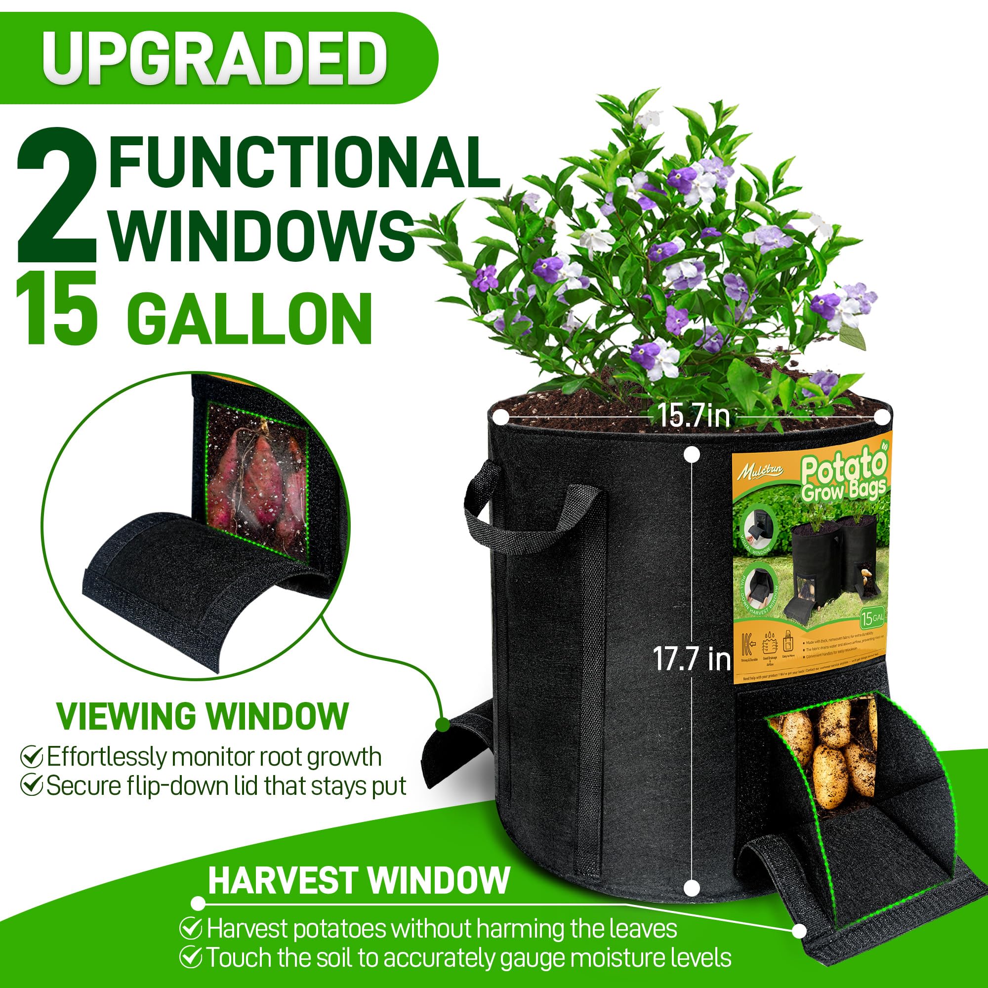 Mulctun harvest window open revealing clean potato access and easy picking