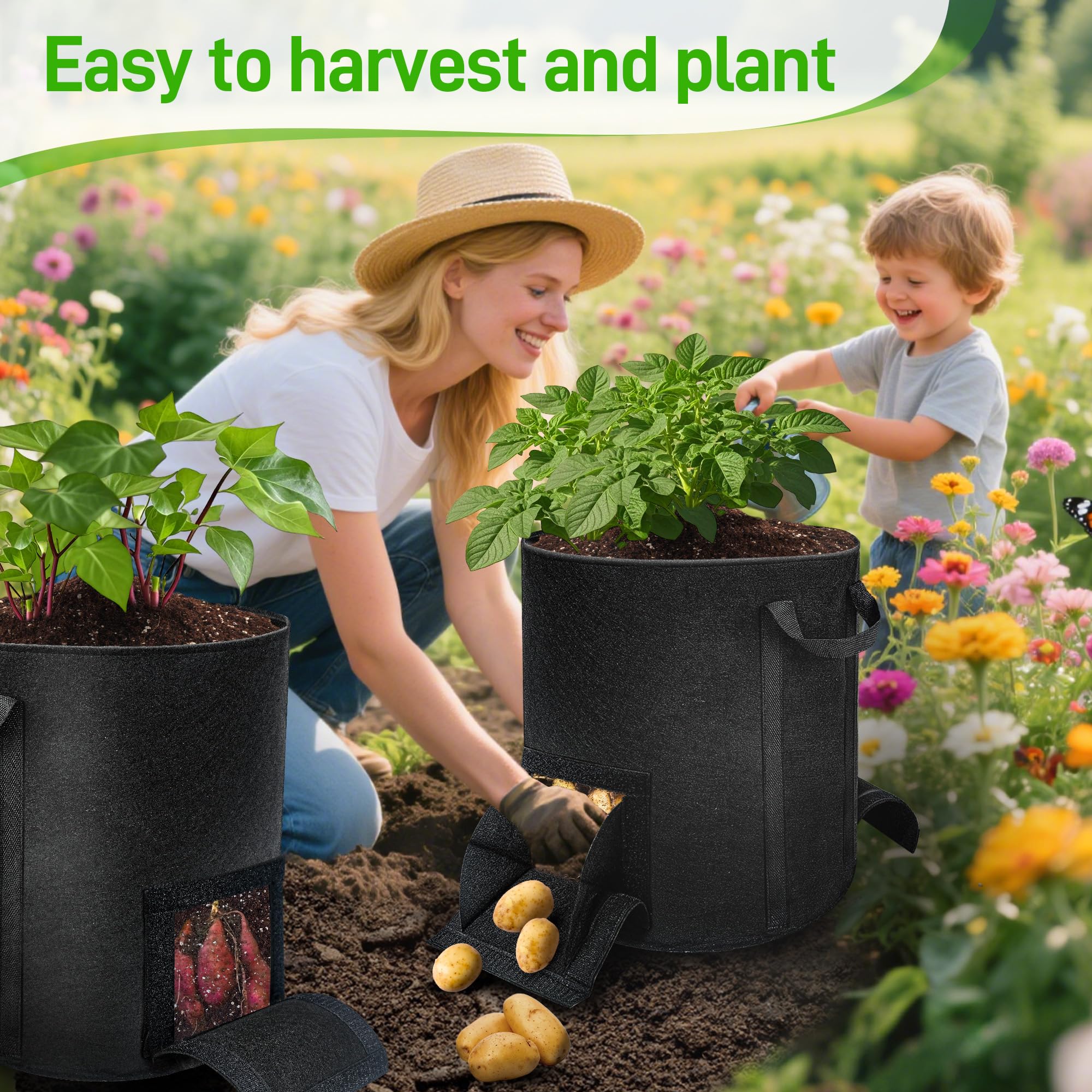 Mulctun size scale with garden tools illustrating 15‑gallon capacity and portability