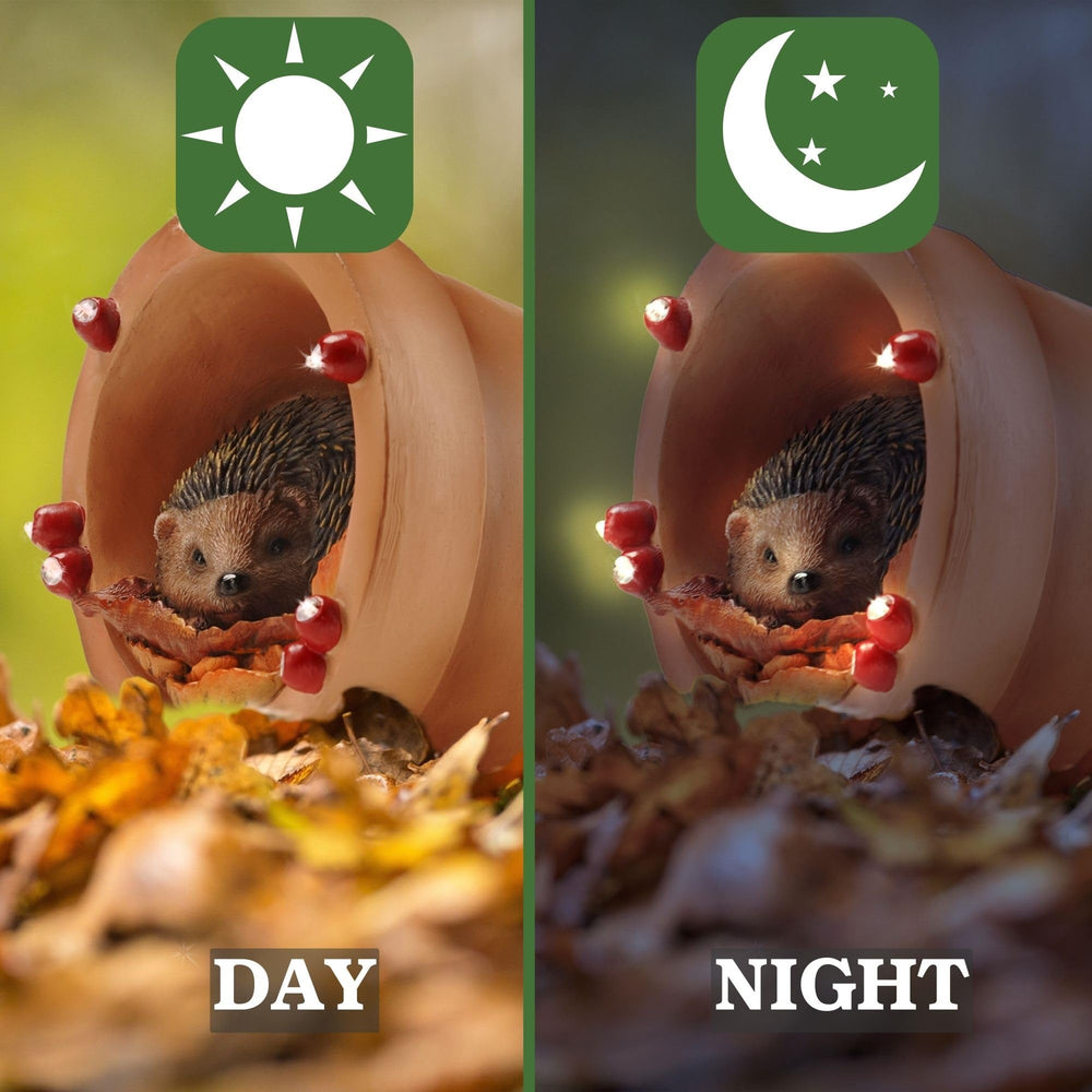Muldale hedgehog lit at night glowing softly to accent garden paths benefit