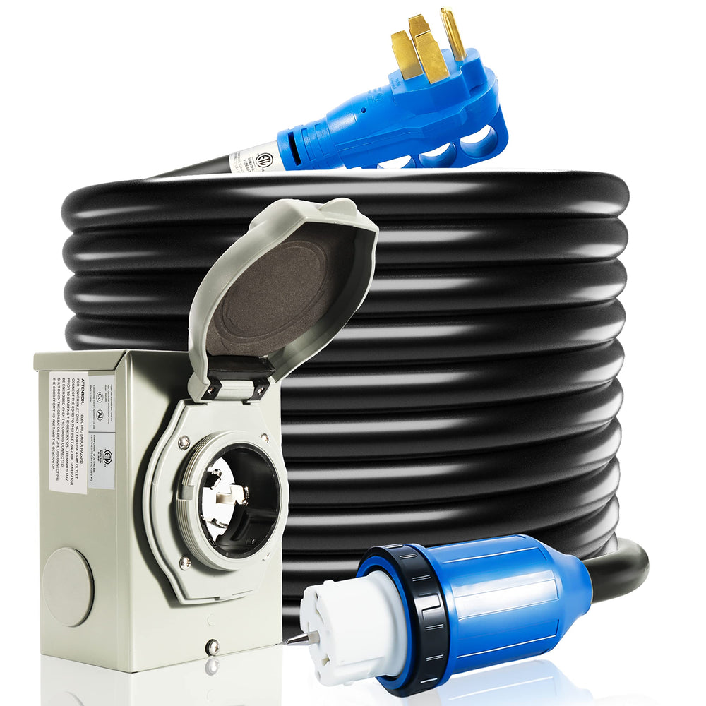 MULMART inlet box and 25ft 50A cord showing complete kit for safe outdoor power