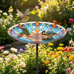 MUMTOP bird bath placed in garden showing attraction for wild birds and plants