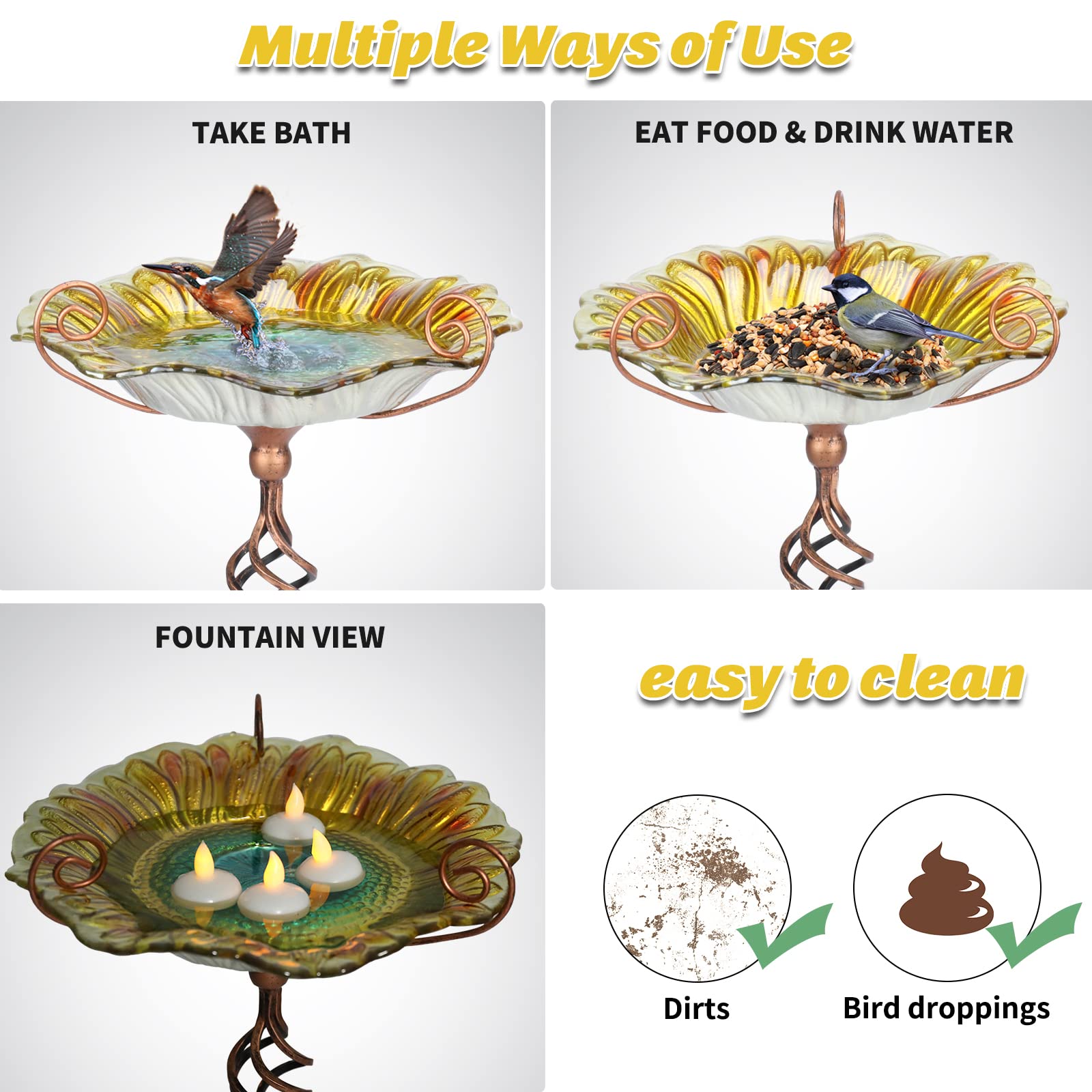 MUMTOP birdbath in use with small birds bathing and enjoying water