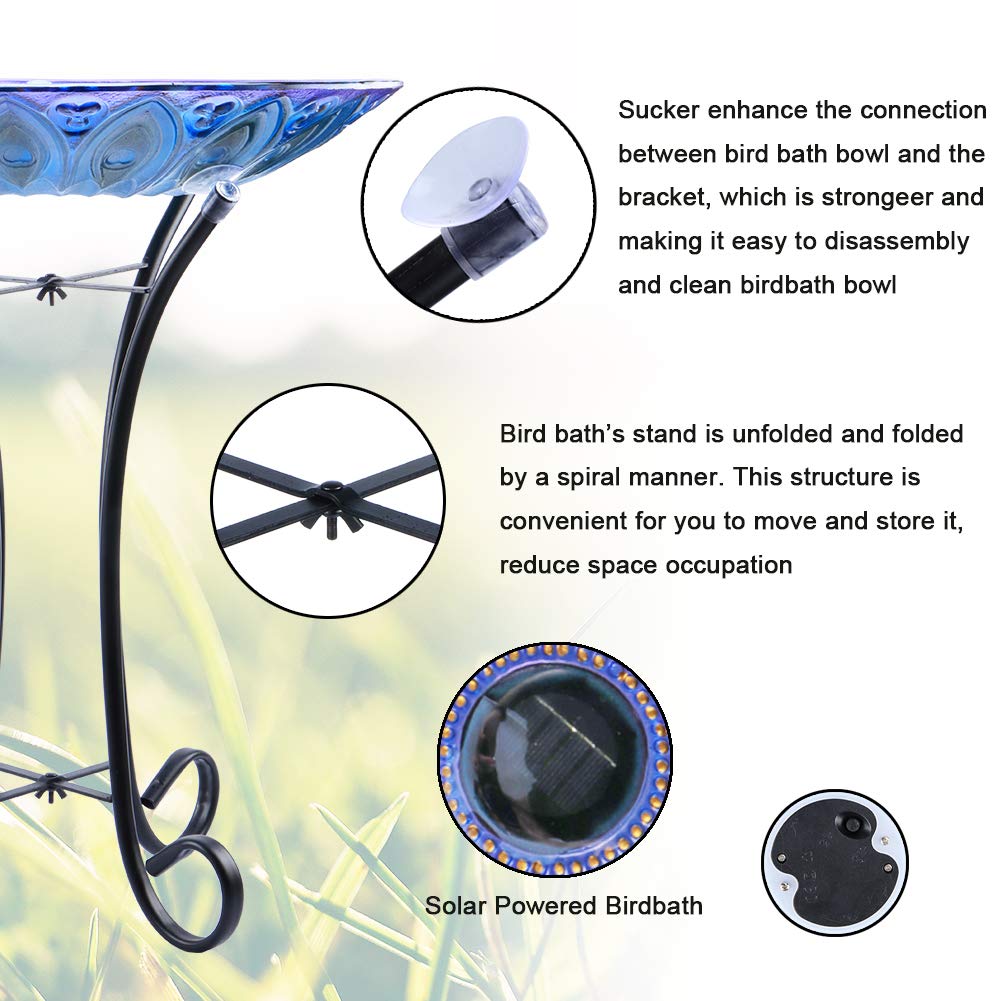 MUMTOP birdbath on metal stand side profile showing stable elevated placement