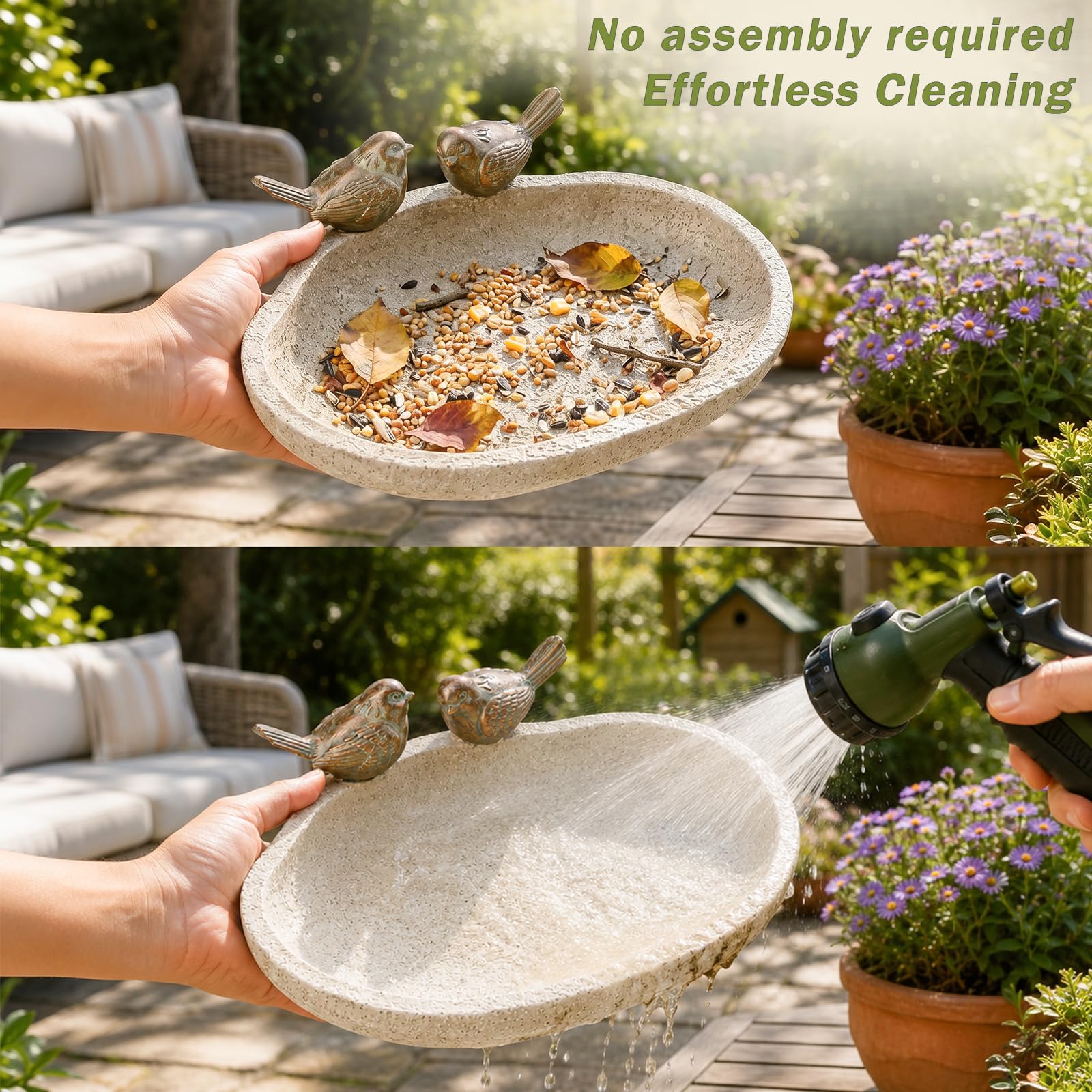 MUMTOP birdbath on a patio table demonstrating easy tabletop use
