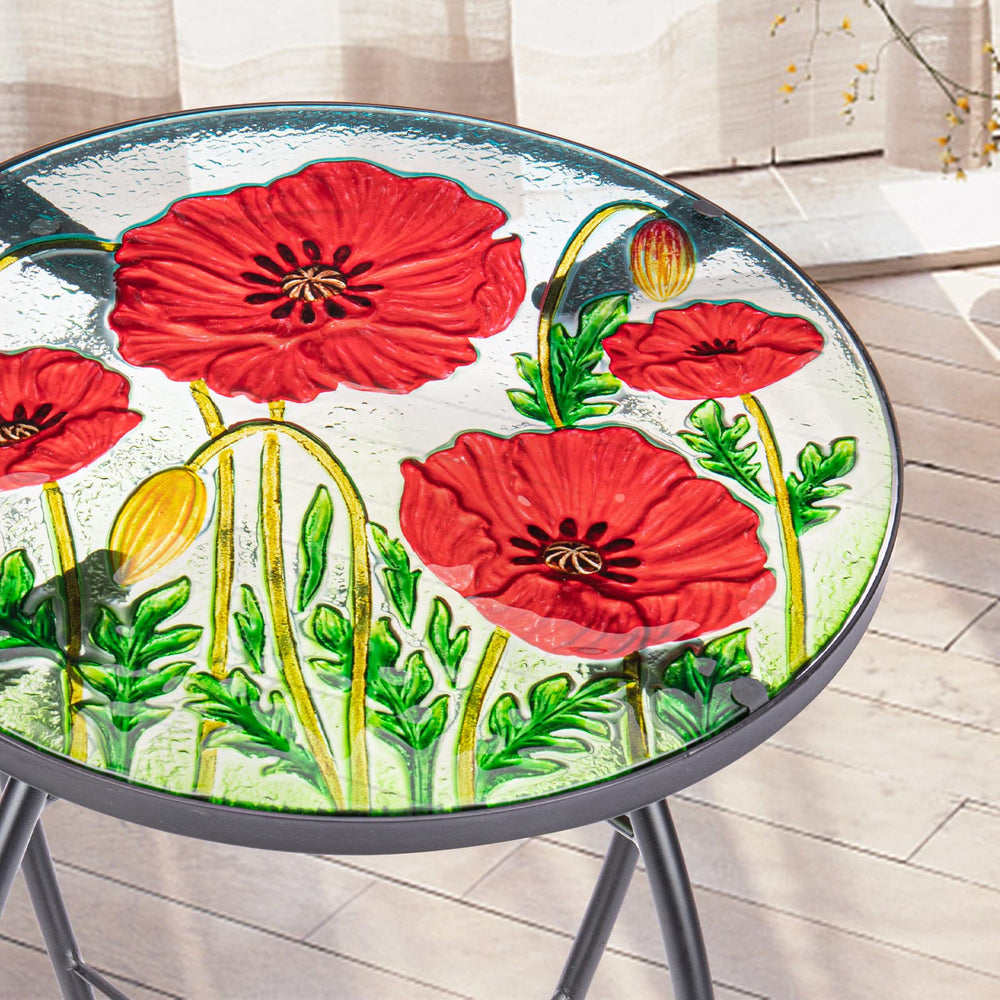 MUMTOP close-up of red poppy glass top, vibrant design brightens outdoor spaces