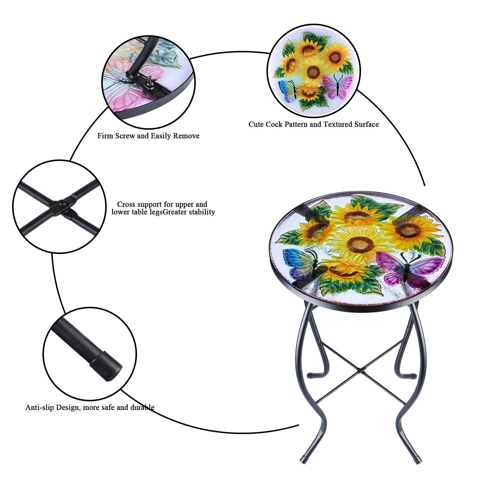 MUMTOP frame detail showing powder-coated metal finish benefit: rust-resistant durable construction