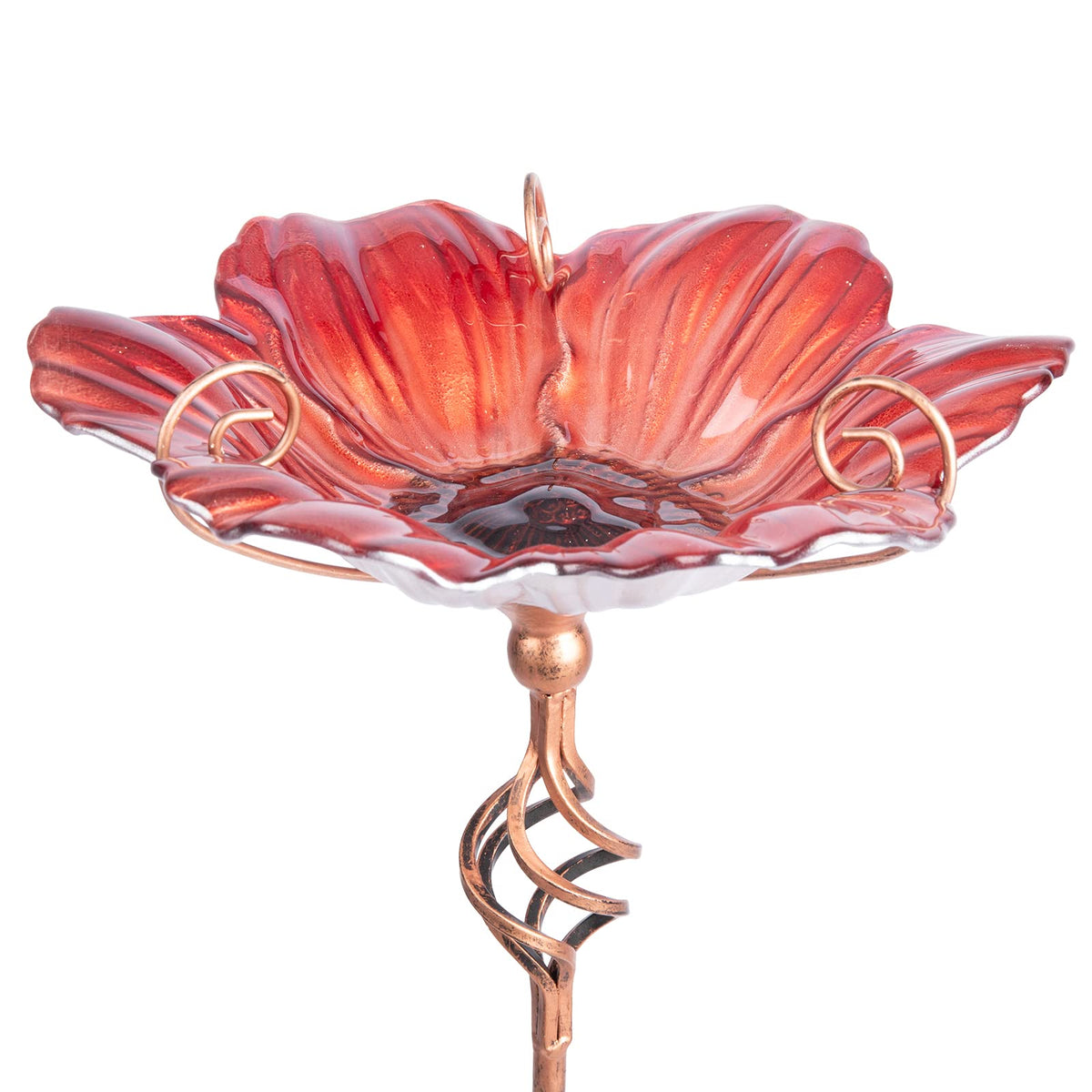 MUMTOP front view of blue floral glass birdbath showing decorative appeal