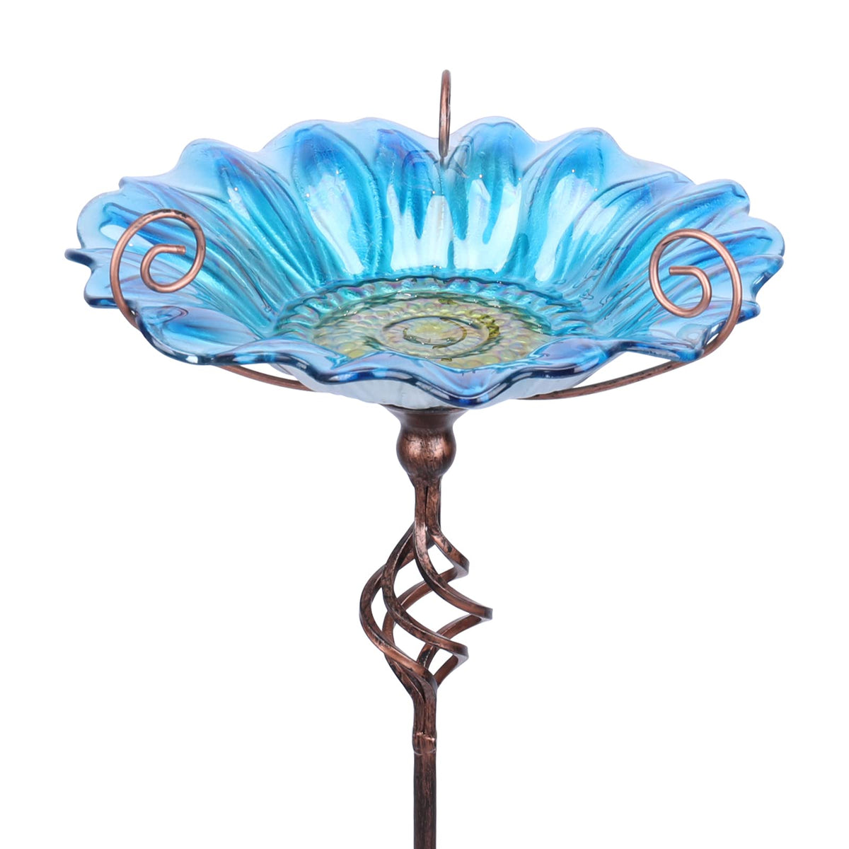 MUMTOP front view of blue glass bird bath showing decorative bowl and stake, adds color