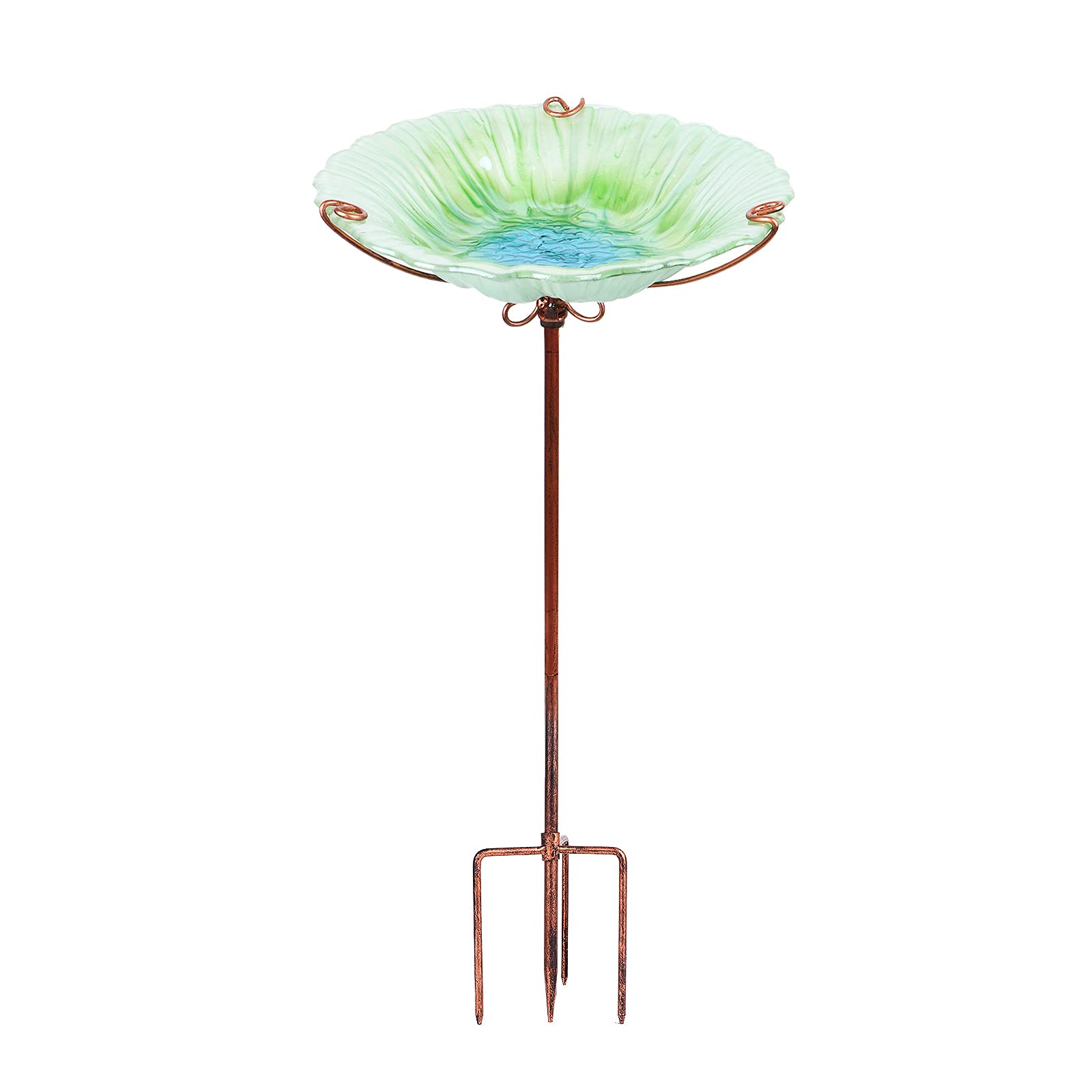 MUMTOP front view of the green glass bird bath showing decorative appeal and inviting water