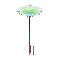 MUMTOP front view of the green glass bird bath showing decorative appeal and inviting water