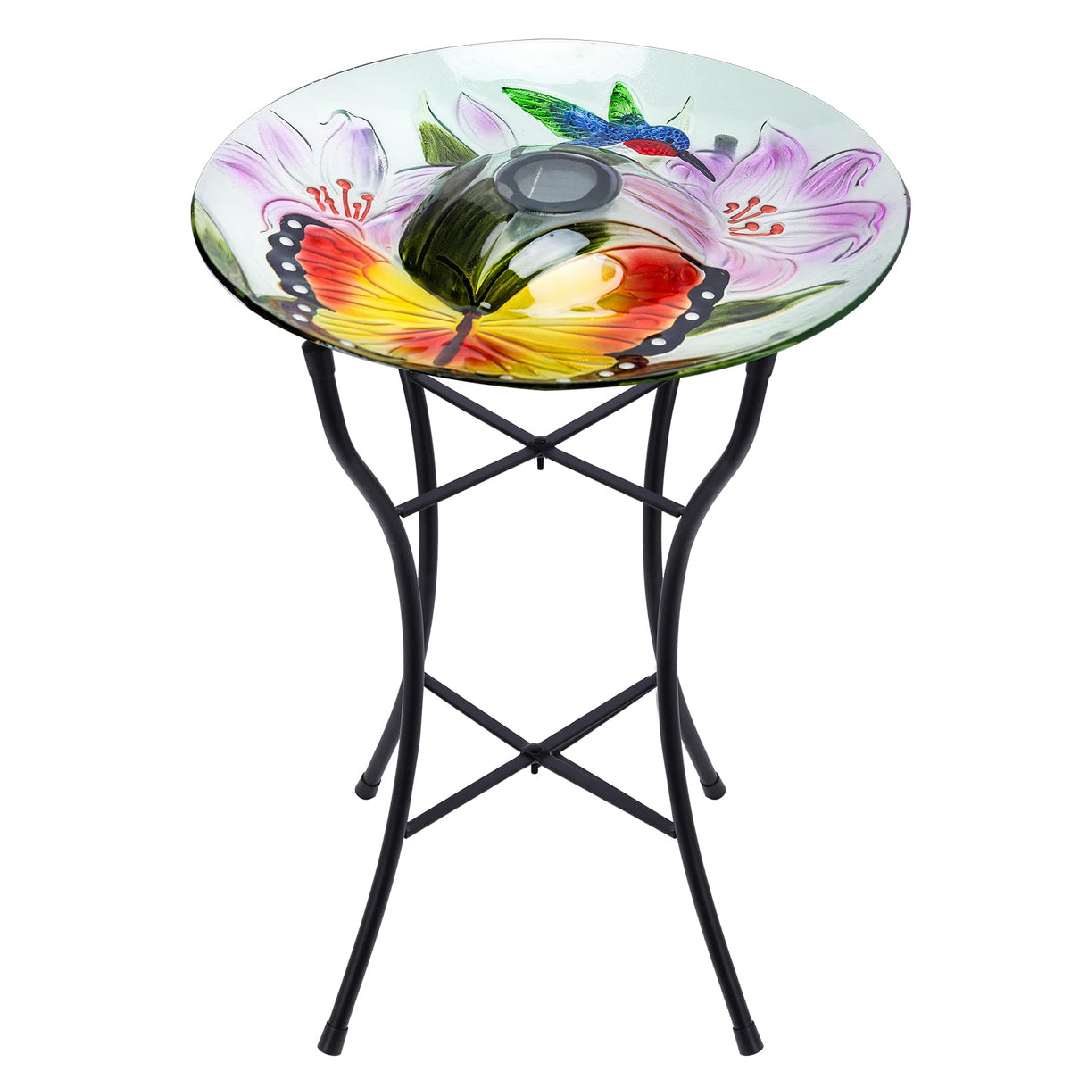 MUMTOP front view of glass bird bath showing bowl and stand, enhances garden decor