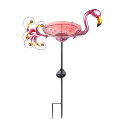 MUMTOP front view of pink glass bird bath showing decorative bowl and stake benefit curb appeal