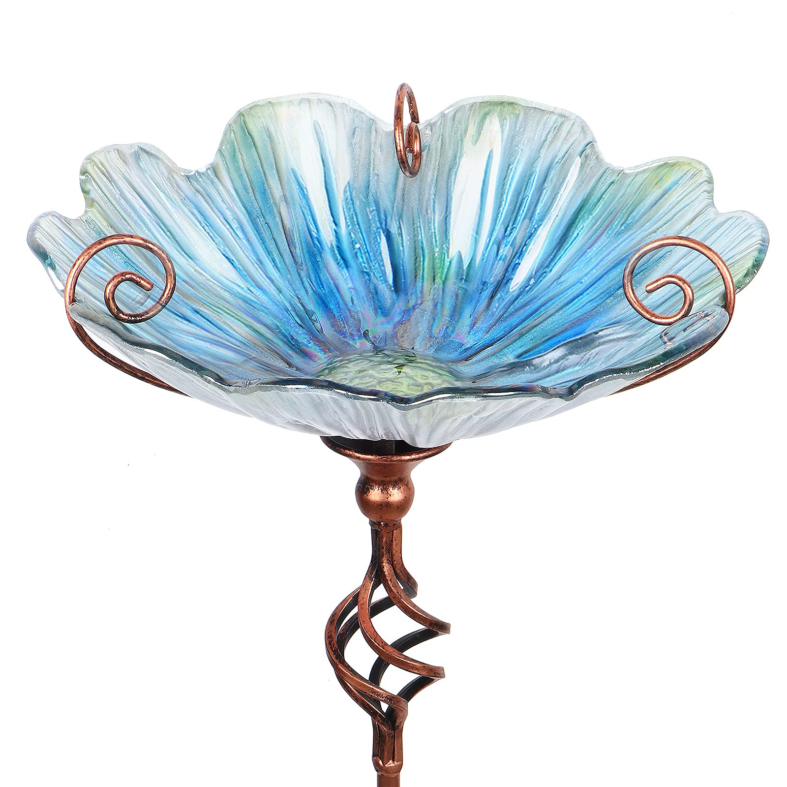 MUMTOP front view of blue glass birdbath showing decorative appeal