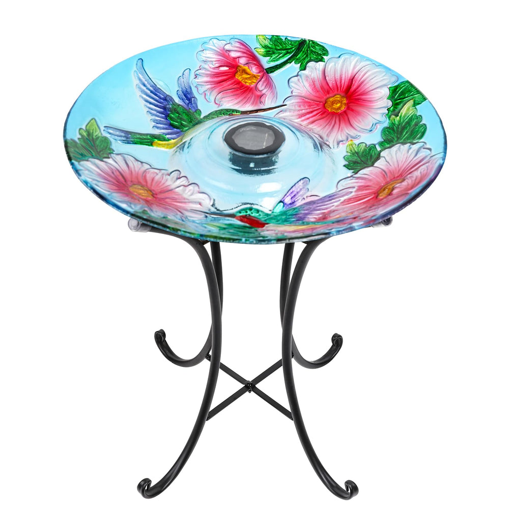 MUMTOP front view of glass bird bath showing bowl and stand for easy garden placement