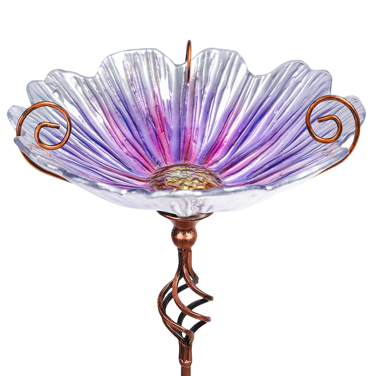 MUMTOP front view glass birdbath showing purple floral bowl and stake, decorative appeal
