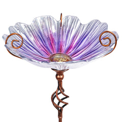 MUMTOP front view glass birdbath showing purple floral bowl and stake, decorative appeal