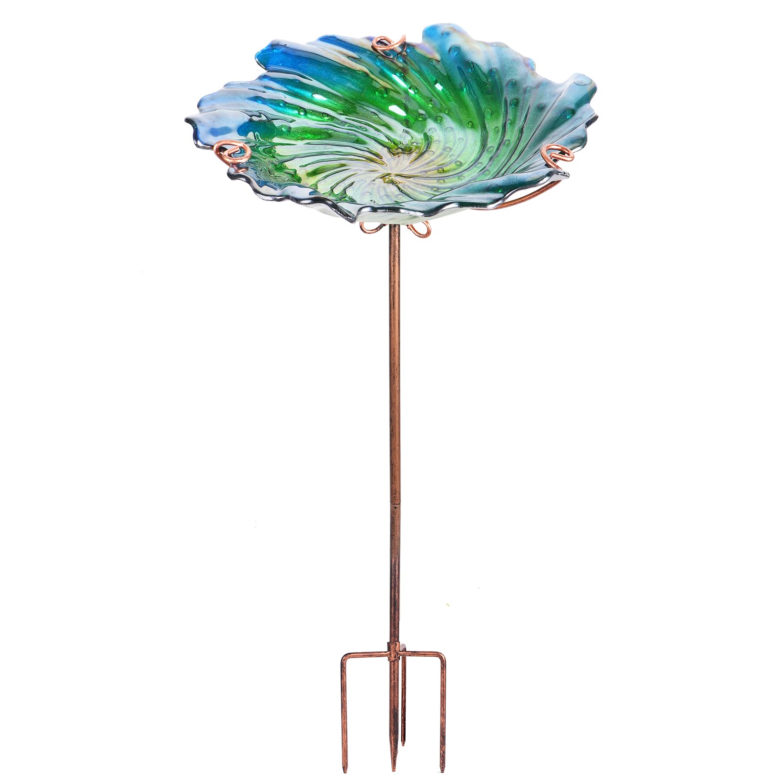 MUMTOP front view of green glass bird bath adding decorative appeal