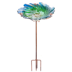 MUMTOP front view of green glass bird bath adding decorative appeal