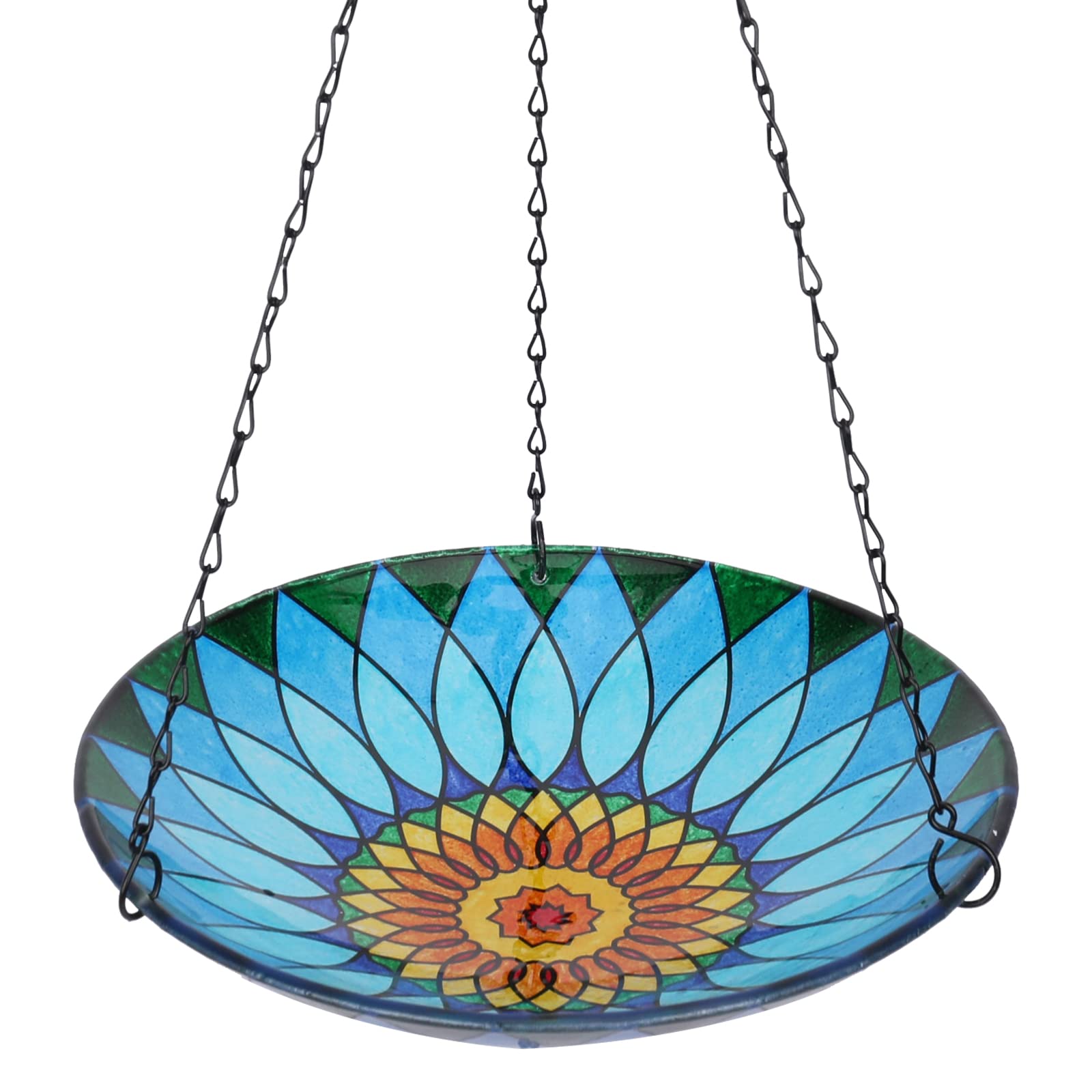 MUMTOP front view of hanging bird bath showing colorful bowl and chain attracting birds