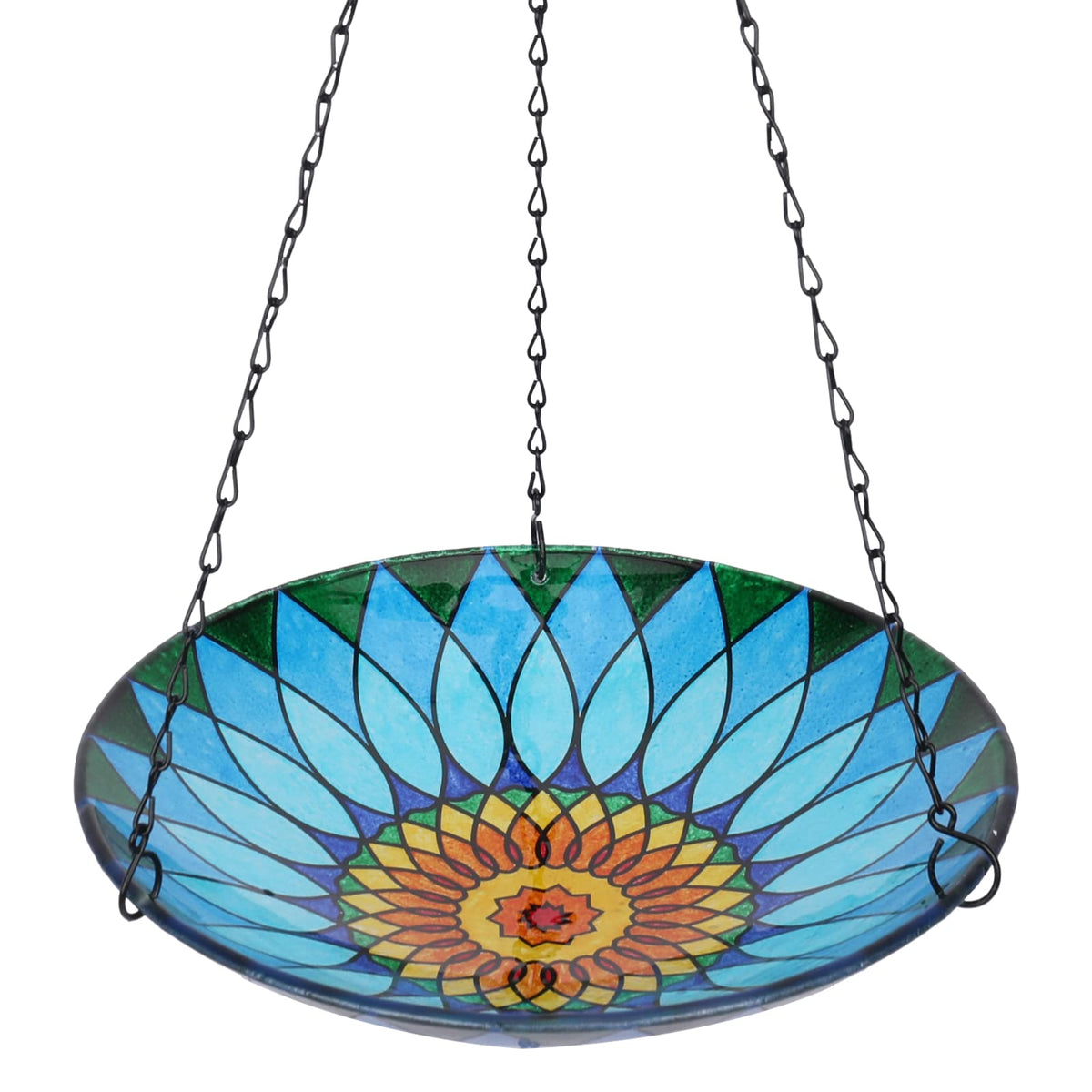 MUMTOP front view of hanging bird bath showing colorful bowl and chain attracting birds