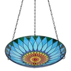 MUMTOP front view of hanging bird bath showing colorful bowl and chain attracting birds