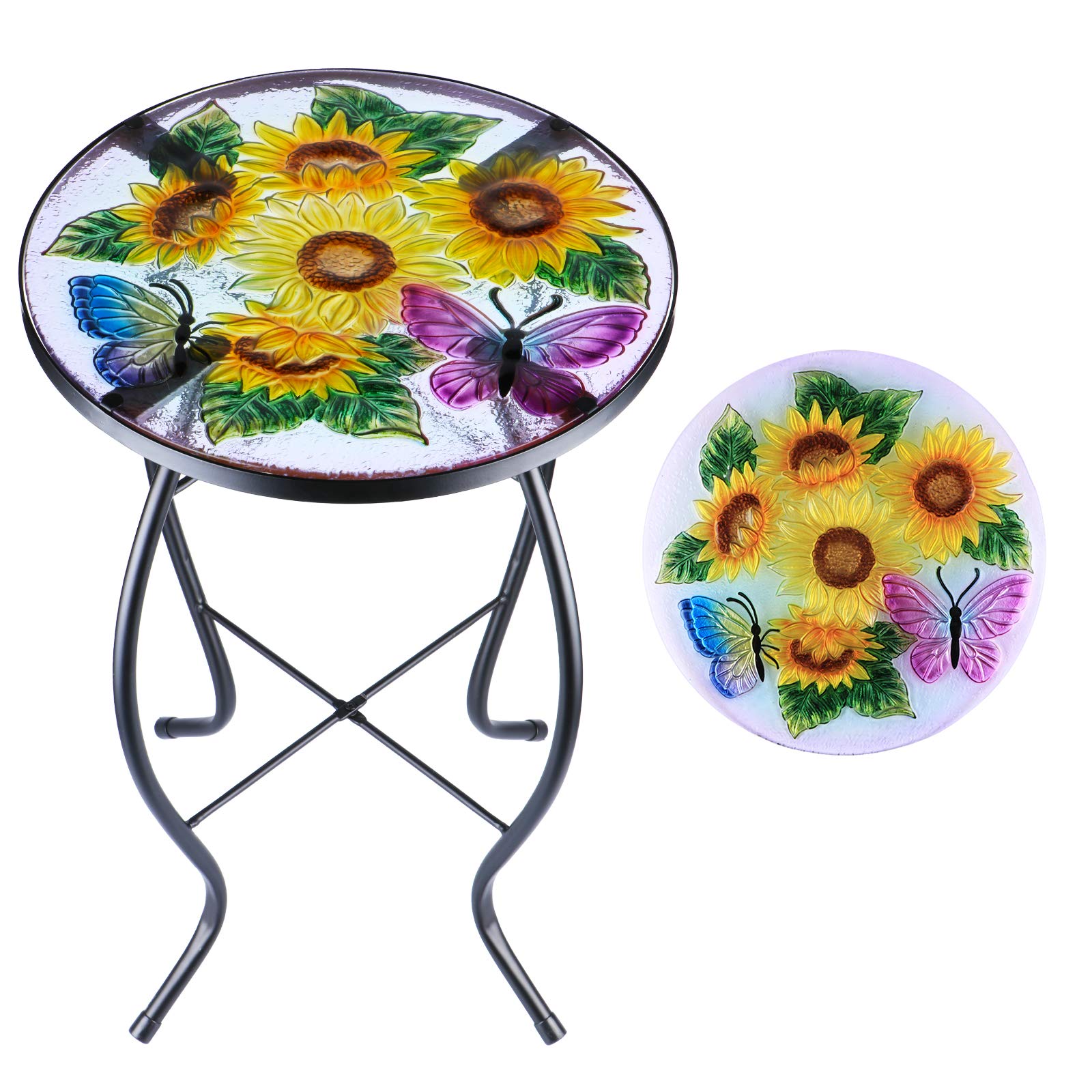 MUMTOP front view of mosaic side table showing colorful glass top and stable frame benefit: decorative practical surface