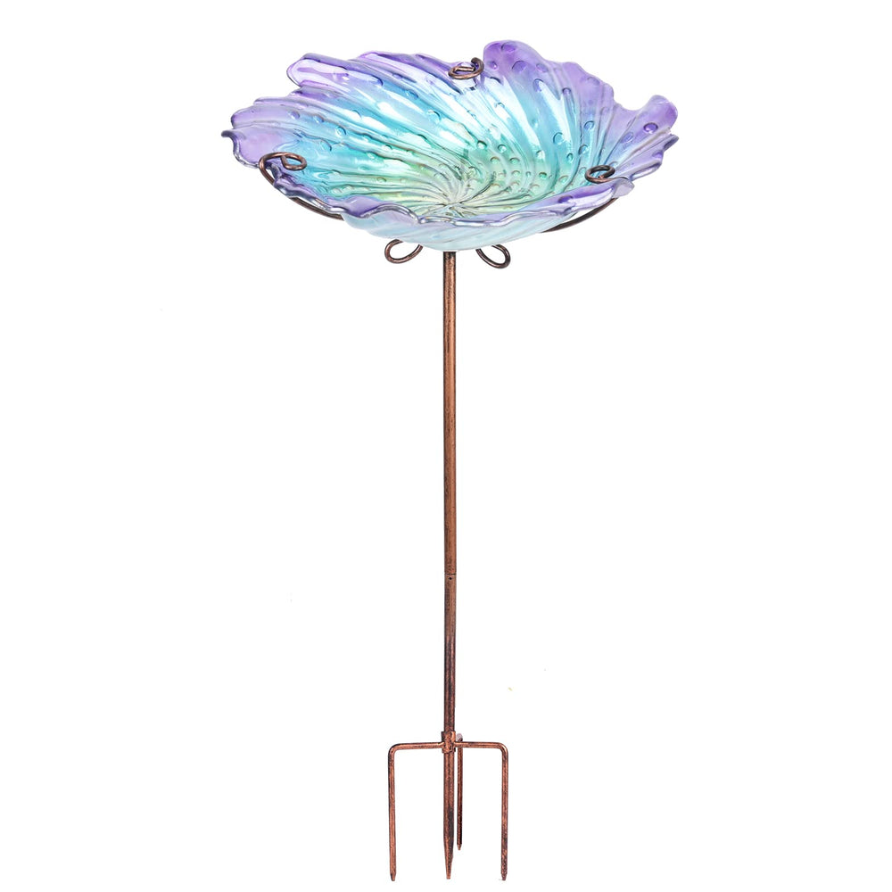 MUMTOP front view of purple glass bird bath adding decorative color