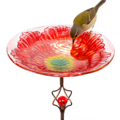 MUMTOP front view red bird bath showing elegant shape and rust-proof stake for garden appeal