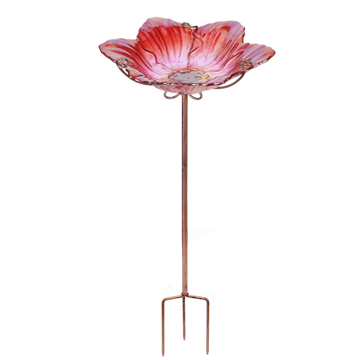MUMTOP front view of red glass bird bath showing decorative, bird-attracting color