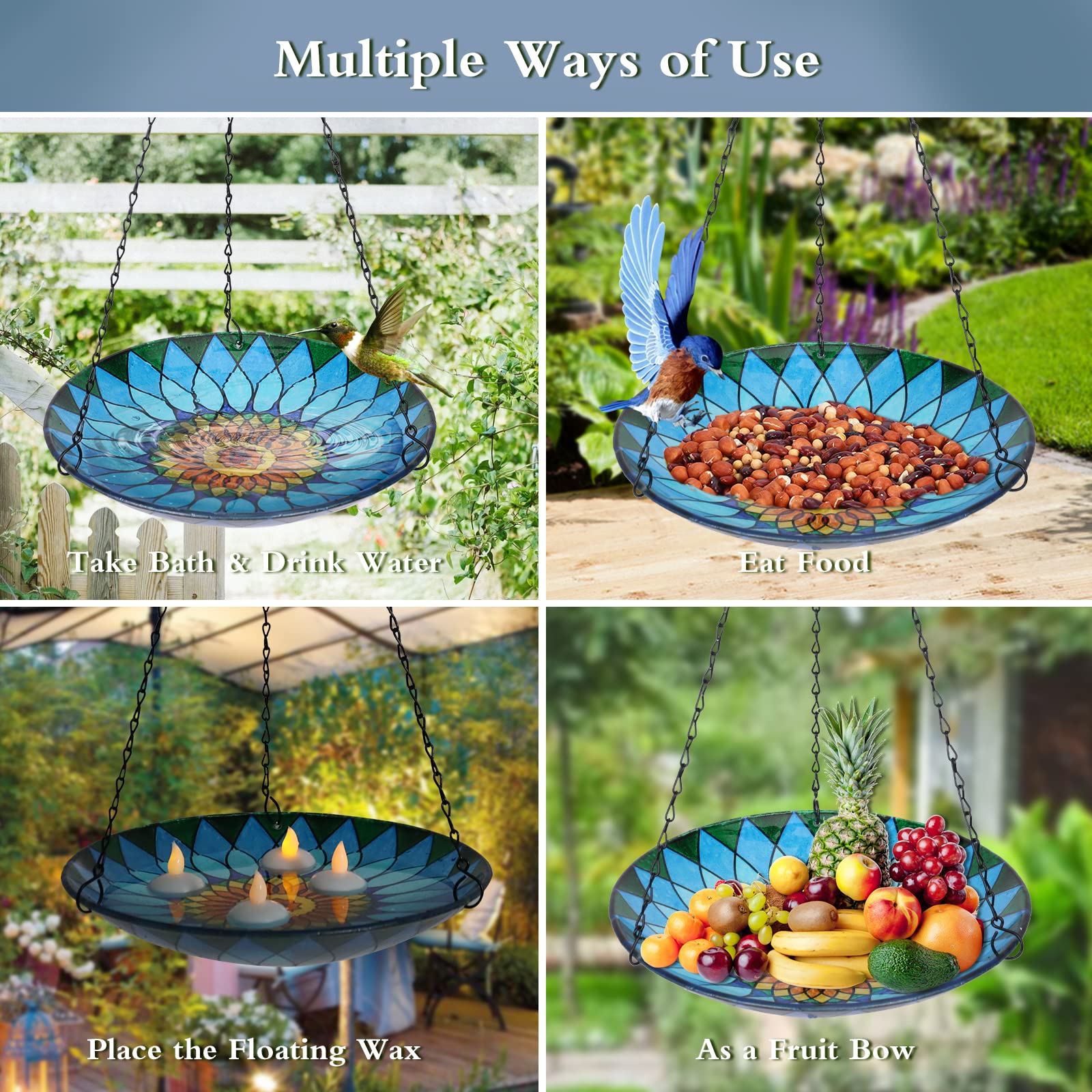 MUMTOP hanging bird bath displayed in a garden creating vibrant outdoor decor