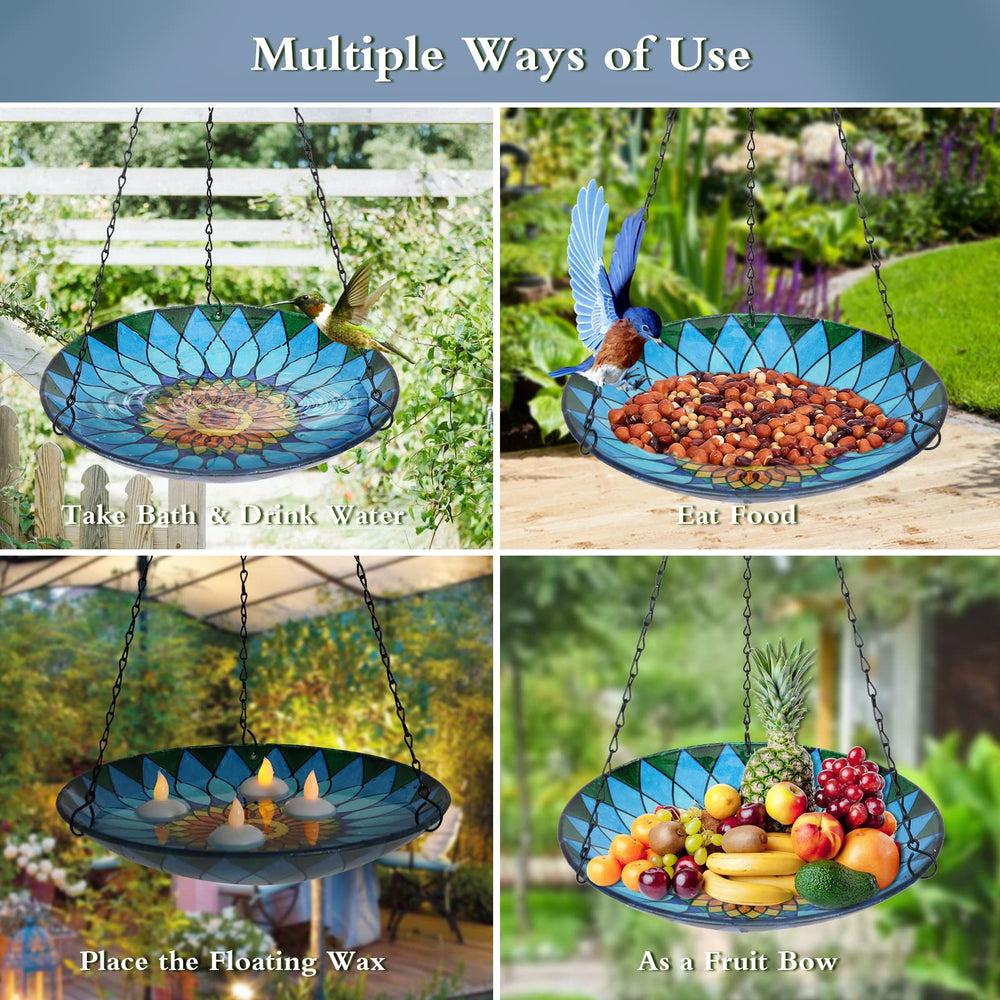 MUMTOP hanging bird bath displayed in a garden creating vibrant outdoor decor