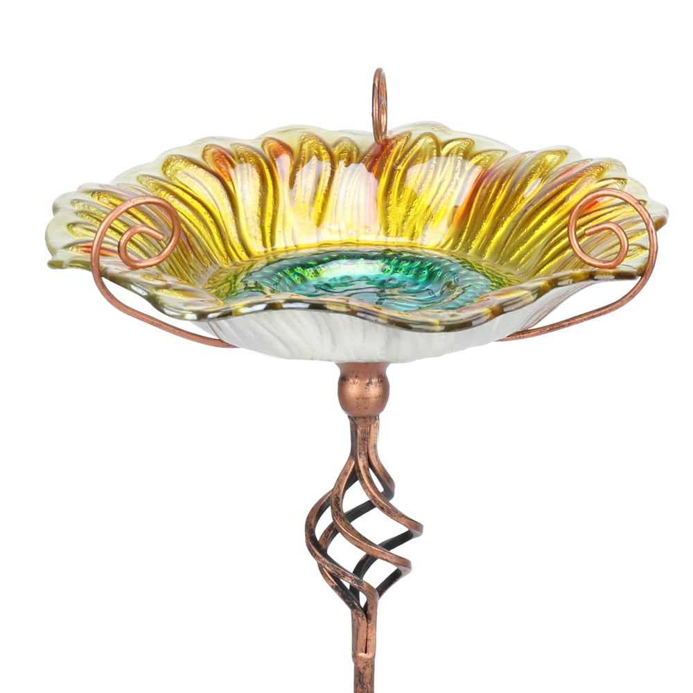 MUMTOP glass birdbath front view showing sunflower design and garden appeal