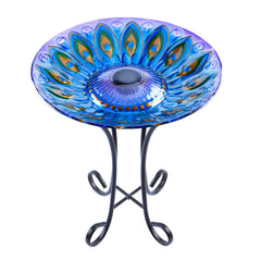 MUMTOP glass birdbath front view showing peacock motif and solar light benefit