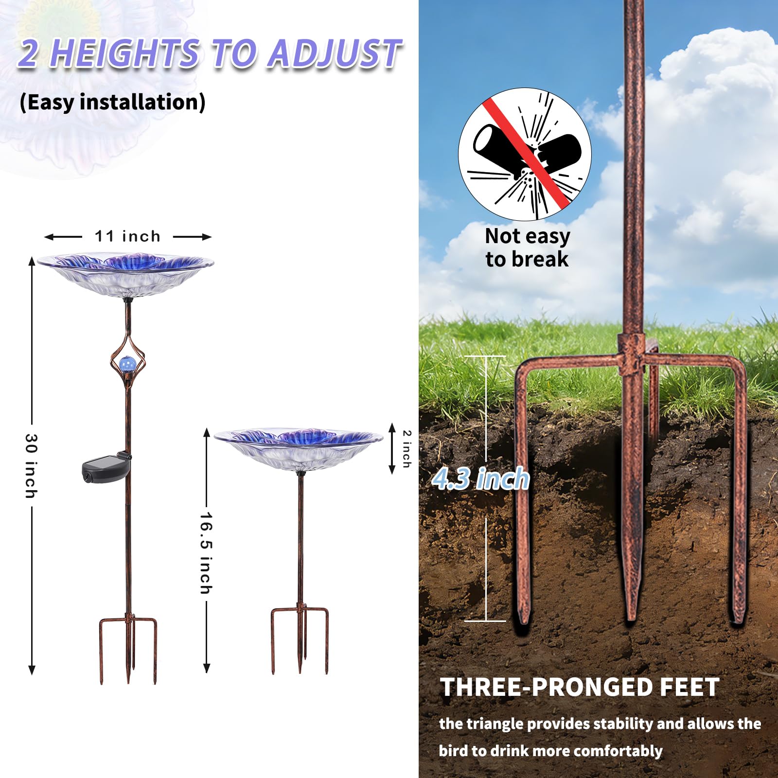 MUMTOP metal stake inserted in soil showing stable tripod base for windy conditions