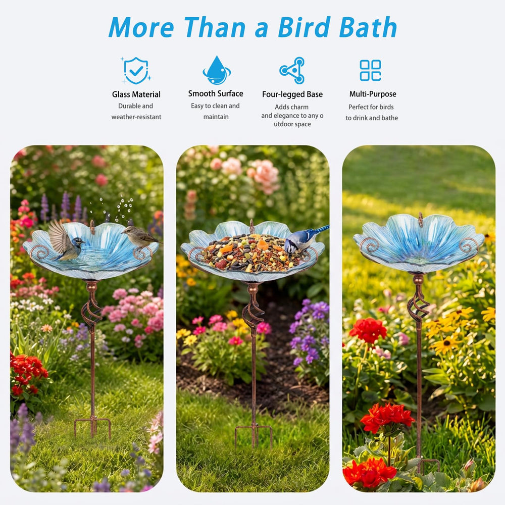 MUMTOP birdbath in use with small birds bathing and feeding